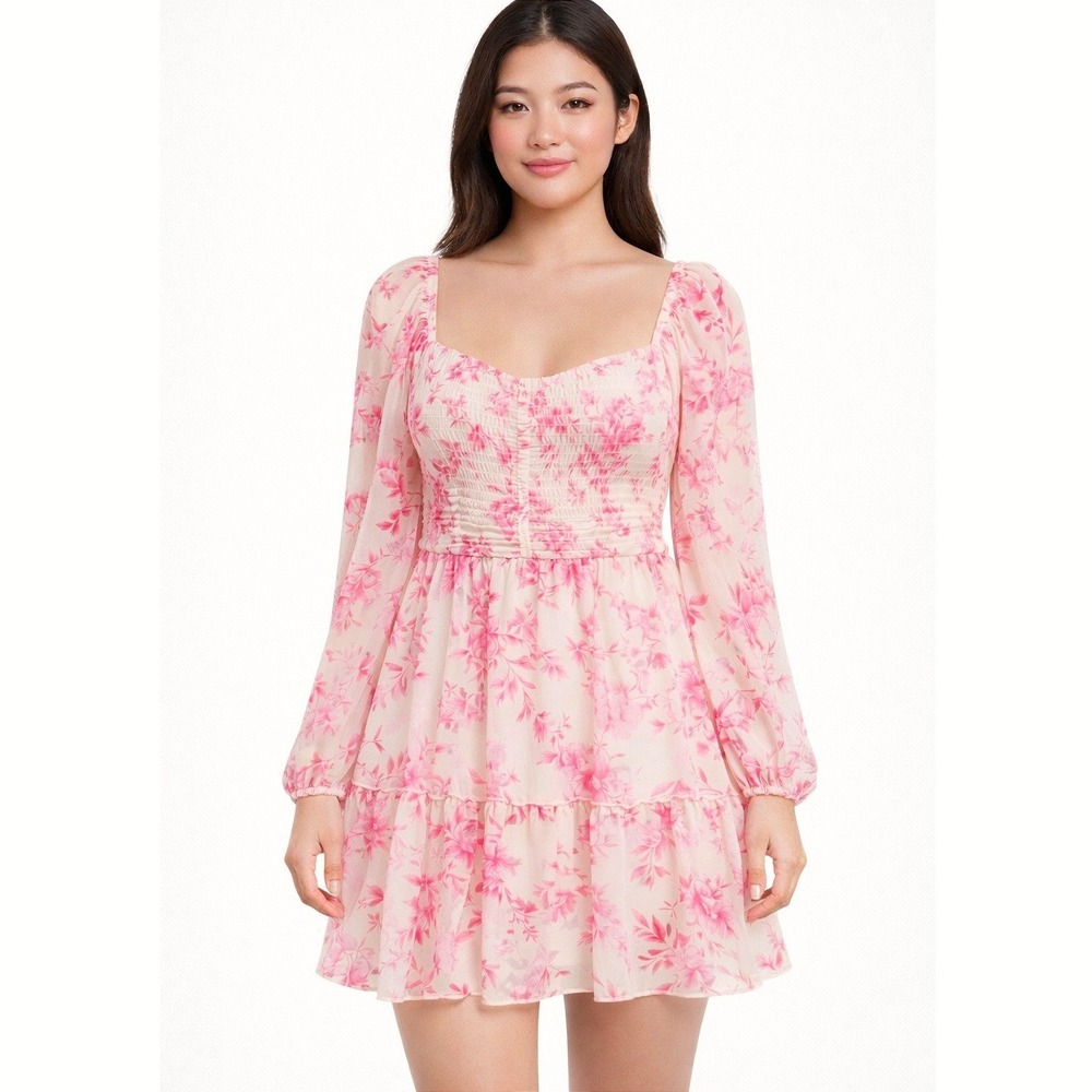 Allison+Kelly NWT L Pink Floral Chiffon Ruched Cottagecore Romantic Mini Dress
